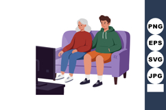 Elderly woman and young man sitting on purple couch watching Product Image 1