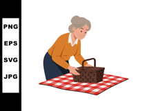 Elderly woman placing basket on red checkered picnic blanket Product Image 1