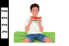 Boy Eating Watermelon Slice Sitting on Green Mat Summer Snac Product Image 1