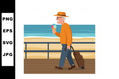 Elderly man walking on boardwalk with suitcase and ice cream Product Image 1