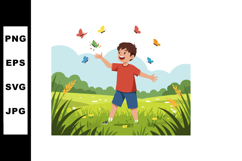 Boy Playing with Colorful Butterflies in Green Field Outdoor Product Image 1