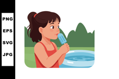 Girl enjoying blue popsicle by inflatable pool in summer out Product Image 1