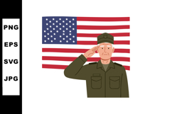 Military veteran saluting in front of American flag with uni Product Image 1