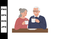 Elderly couple enjoying hot coffee together in cozy indoor s Product Image 1