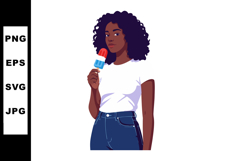 Woman with afro hairstyle eating red white and blue popsicle Product Image 1