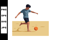 Boy playing soccer barefoot on sandy field kicking orange ba Product Image 1