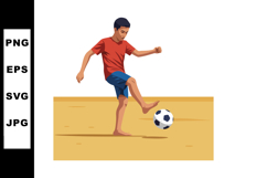 Boy playing barefoot soccer ball on sandy ground vector illu Product Image 1