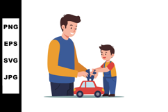 Father and son playing with red toy car together in casual c Product Image 1