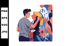 Young man painting colorful floral mural with brush and pale Product Image 1