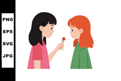 Two girls exchanging red flower in friendship gesture vector Product Image 1