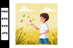 Boy Enjoying Colorful Butterflies in Yellow Field Summer Sce Product Image 1