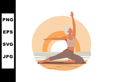 Woman practicing yoga pose on beach with sunset background v Product Image 1