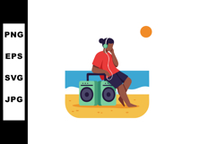 Man listening to music on headphones sitting on green boombo Product Image 1