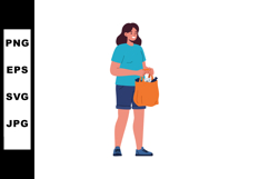 Woman carrying grocery bag with food items in casual outfit Product Image 1