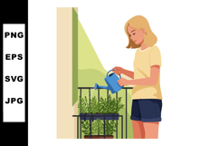 Woman watering plants on balcony in casual outfit summer gar Product Image 1