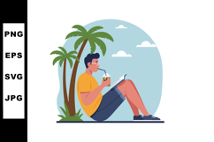 Man Relaxing Reading Book Drinking Coconut Water Under Palm Product Image 1