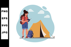 Female hiker reading map near orange camping tent outdoors i Product Image 1