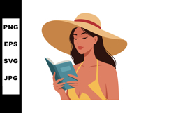 Woman in yellow swimsuit and wide brim hat reading book vect Product Image 1