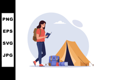 Woman hiker with backpack reading map near camping tent outd Product Image 1
