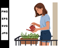 Woman Watering Plants on Balcony Gardening with Watering Can Product Image 1