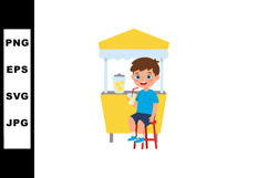 Boy drinking lemonade at yellow lemonade stand summer refres Product Image 1