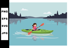 Child Kayaking on Calm Lake Surrounded by Trees and Mountain Product Image 1
