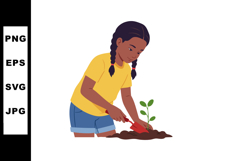 Girl planting young green plant in soil with red shovel gard Product Image 1