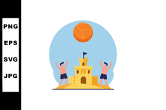Sandcastle with two boys playing volleyball on beach summer Product Image 1