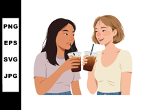 Two women enjoying iced coffee drinks casual lifestyle frien Product Image 1