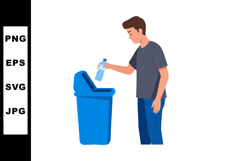 Young man recycling plastic bottle in blue bin for environme Product Image 1