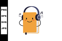 Smiling orange book character listening to music with headph Product Image 1