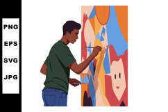 Young man painting colorful abstract mural on wall with brus Product Image 1