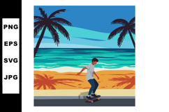 Skateboarder riding on road by beach with palm trees and oce Product Image 1