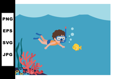 Child snorkeling underwater with fish and coral reef blue se Product Image 1