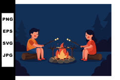 Children roasting marshmallows on campfire in forest at nigh Product Image 1