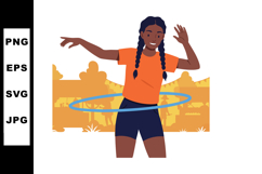 Girl playing with blue hula hoop outdoors in orange shirt an Product Image 1