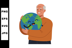 Elderly man hugging happy earth globe showing environmental Product Image 1