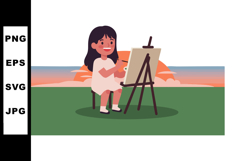 Young girl painting on easel outdoors during sunset with clo Product Image 1