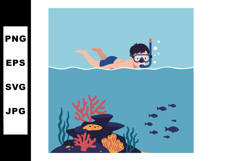 Boy snorkeling underwater exploring coral reef with fish in Product Image 1