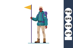 Male hiker standing with flag pole wearing teal jacket and h Product Image 1
