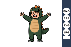 Child wearing green dinosaur costume with happy expression a Product Image 1