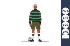 Soccer player standing with ball wearing green striped sweat Product Image 1