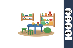 Kids playroom with round blue table green stools shelves toy Product Image 1