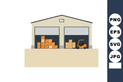 Warehouse exterior with stacked cardboard boxes and forklift Product Image 1