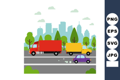 Delivery trucks and small car on city road with green trees Product Image 1