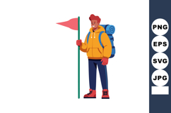 Young hiker holding flag with backpack wearing orange jacket Product Image 1