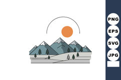 Mountain landscape with pine trees and orange sun vector ill Product Image 1