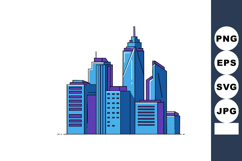 Modern city skyline with blue and purple skyscrapers in flat Product Image 1