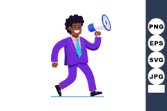 Businessman in purple suit walking and holding megaphone for Product Image 1