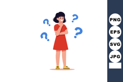 Girl in red dress thinking surrounded by question marks conf Product Image 1